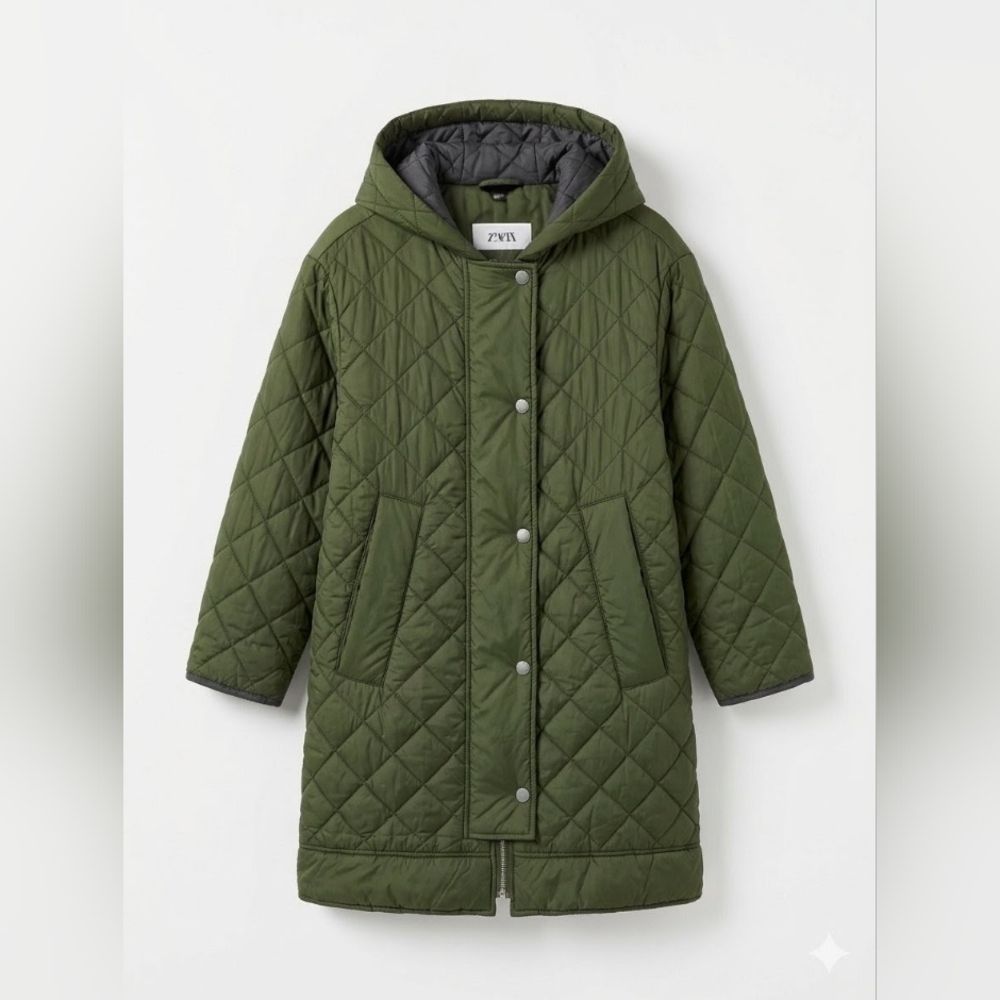 Zara Kids Olive Green Quilted Hooded Parka